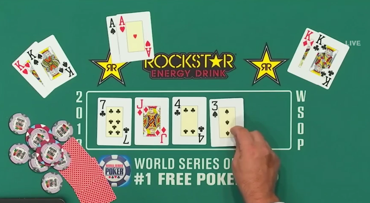 Flop on poker table showing three hands, all being pairs of high suit cards