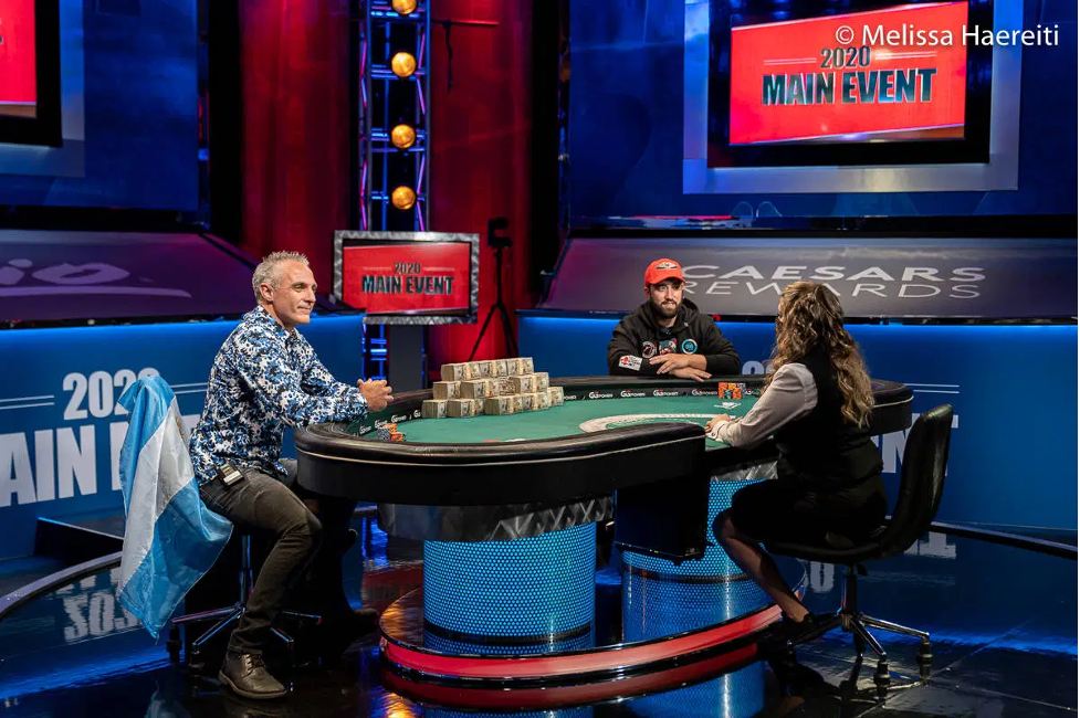 Main event 2020 poker table with the two finalists; Damian Salas the winner is featured