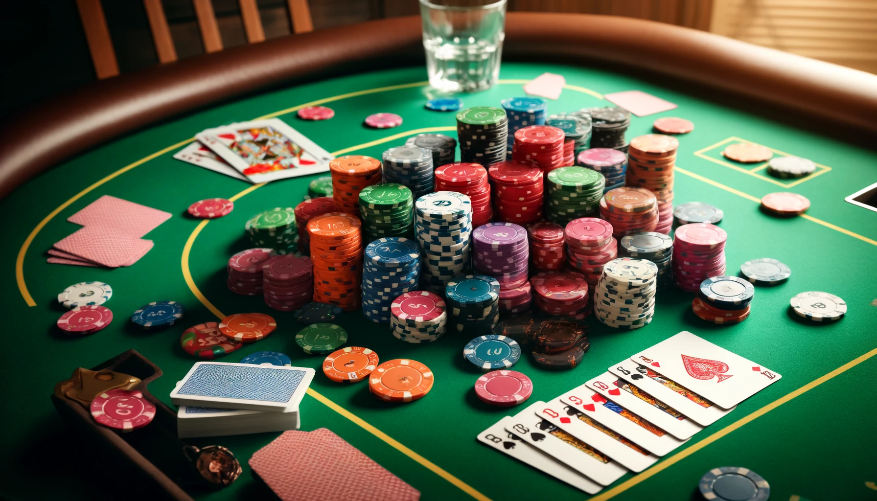 poker chips on a table with cards around it