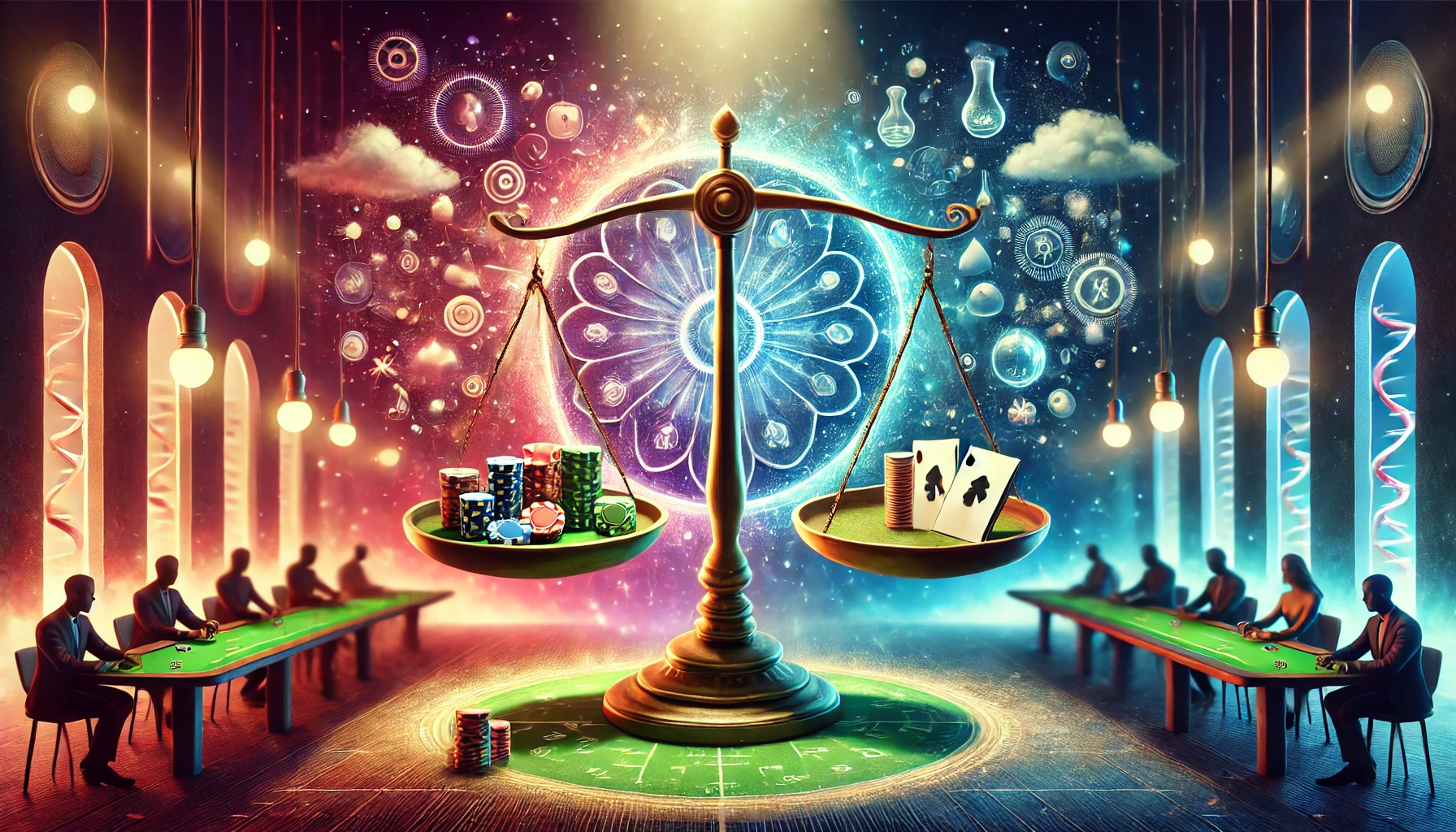 A-surreal-illustration-of-a-poker-table-in-a-vibrant-casino-environment-with-symbolic-representations-of-experimentation-balance-and-life-lessons